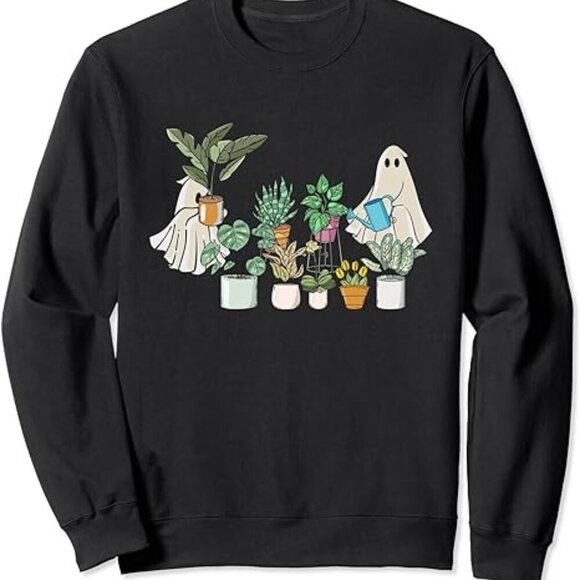 Julia A Tops - Spooky Plant Lady Halloween Sweatshirt Ghost Garden Flowers Watering Retro 05
